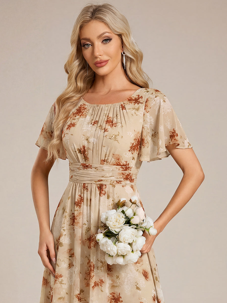 Ruched Chiffon Ruffle Sleeve Bridesmaid Dress #color_Champagne Print