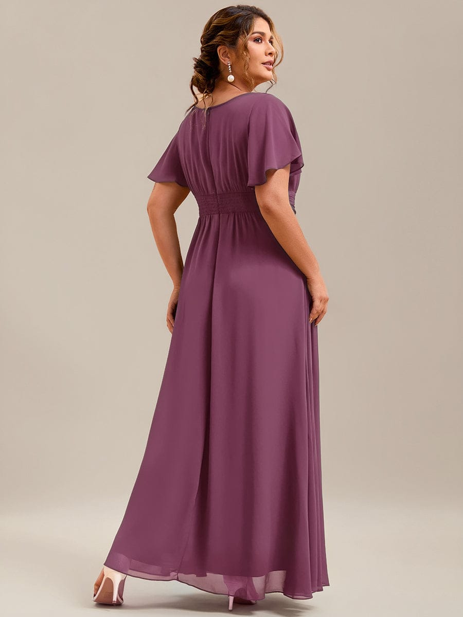 Plus Size Printed Chiffon Pleated Maxi Wedding Guest Dress #color_Damson
