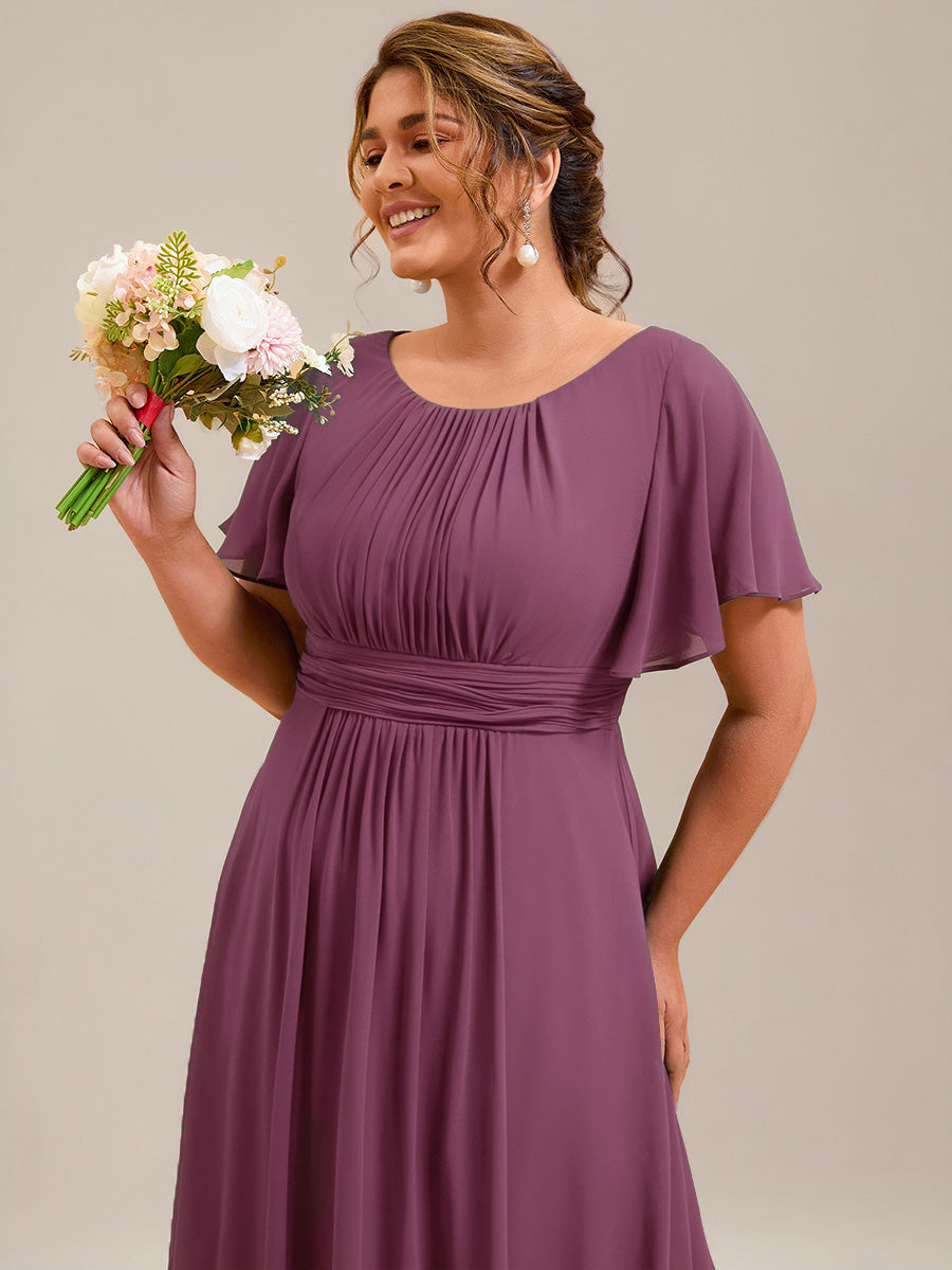 Plus Size Simple Chiffon Pleated A-Line Round Neckline Bridesmaid Dress #color_Damson