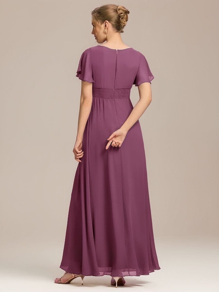 Simple Chiffon Pleated A-Line Round Neckline Bridesmaid Dress #color_Damson
