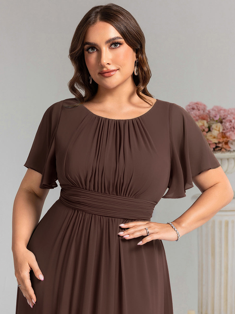 Plus Size Simple Chiffon Pleated A-Line Round Neckline Bridesmaid Dress #color_Espresso