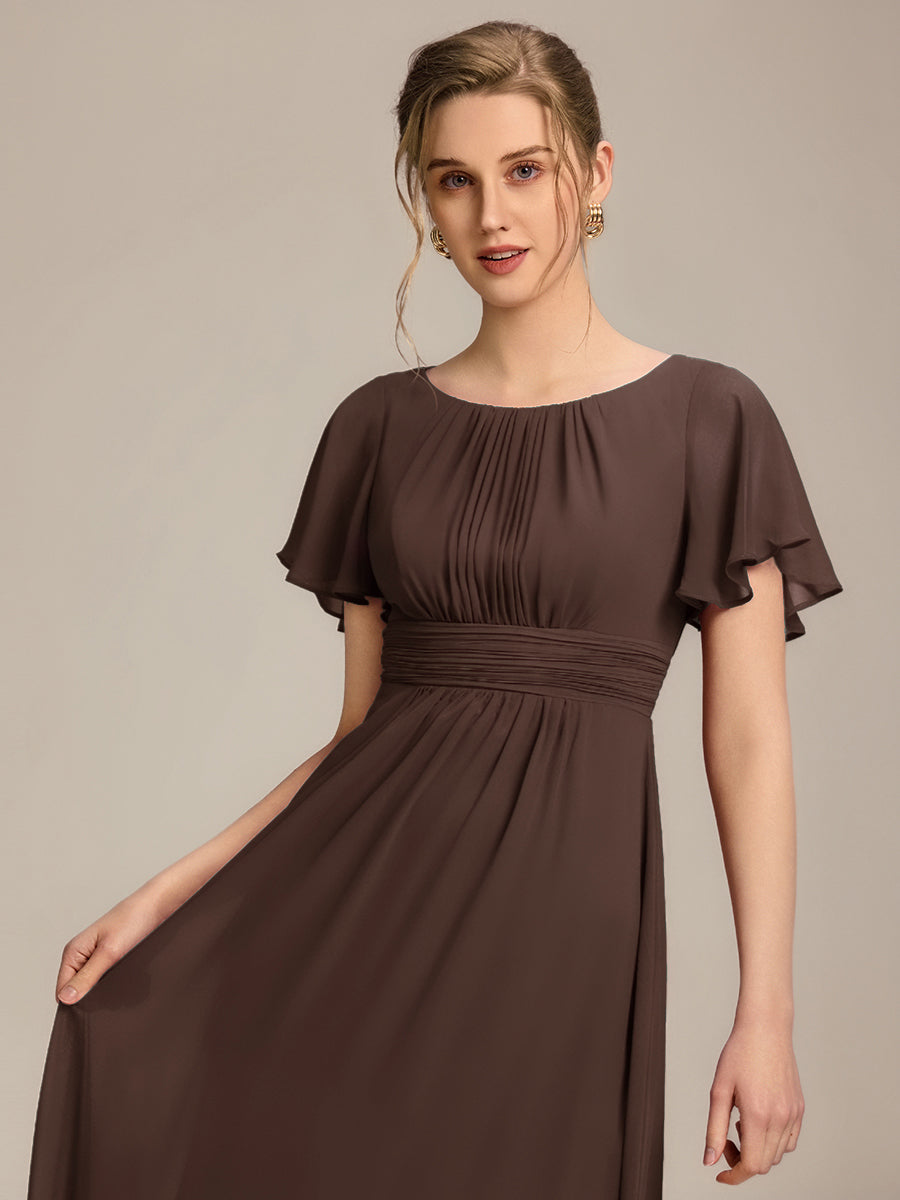 Simple Chiffon Pleated A-Line Round Neckline Bridesmaid Dress #color_Espresso