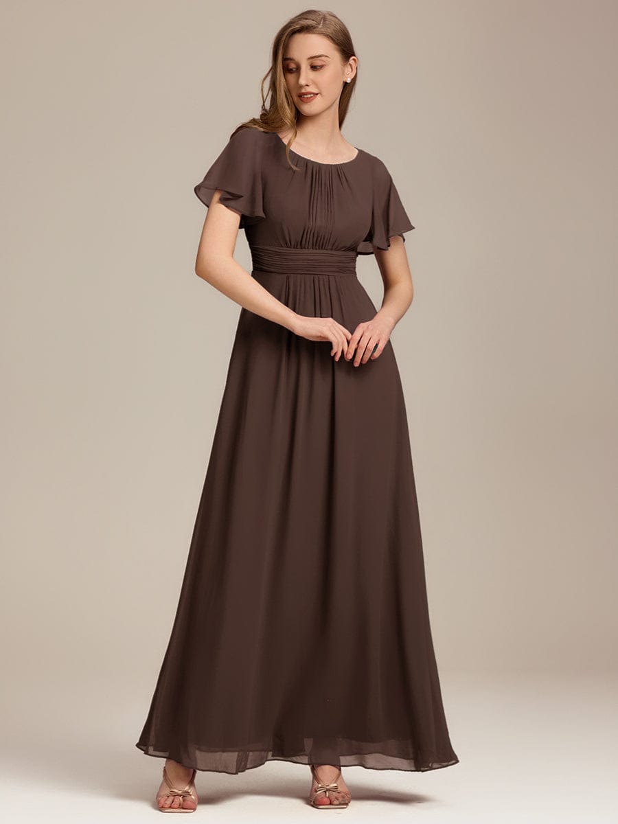 Simple Chiffon Pleated A-Line Round Neckline Bridesmaid Dress #color_Espresso
