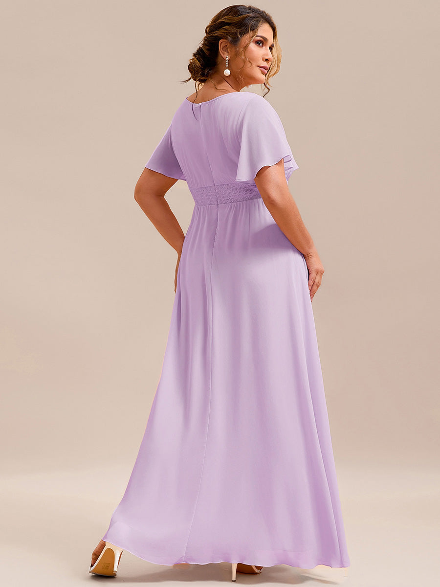 Plus Size Printed Chiffon Pleated Maxi Wedding Guest Dress #color_Frosted Lilac