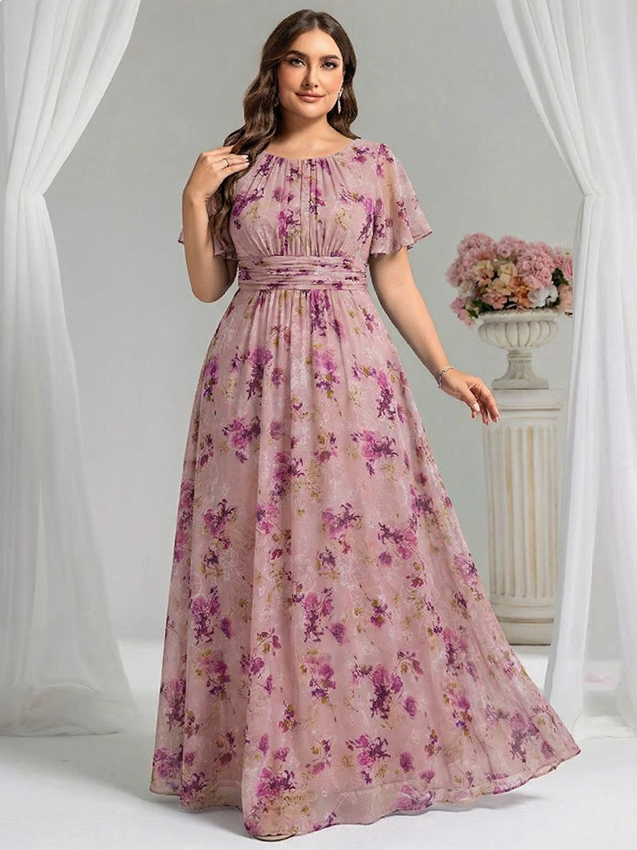 Plus Size Printed Chiffon Pleated Maxi Wedding Guest Dress #color_Light Purple Print