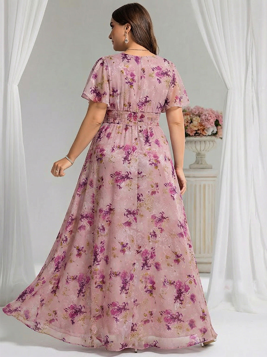 Plus Size Printed Chiffon Pleated Maxi Wedding Guest Dress #color_Light Purple Print