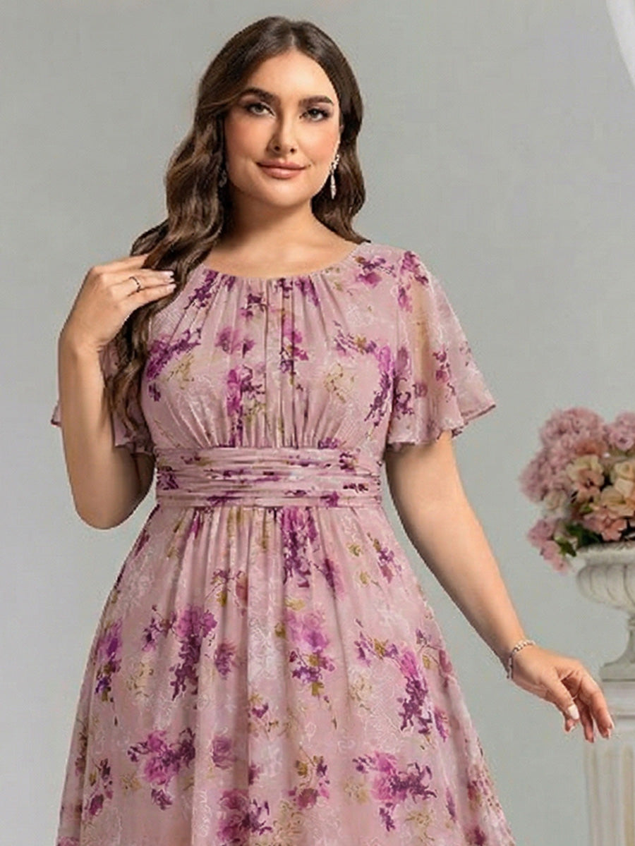 Plus Size Simple Chiffon Pleated A-Line Round Neckline Bridesmaid Dress #color_Light Purple Print