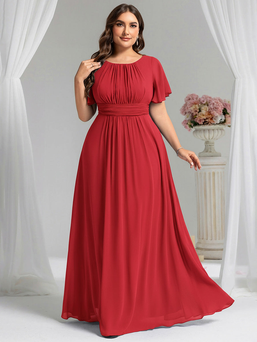 Simple Chiffon Pleated A-Line Round Neckline Bridesmaid Dress #color_Red