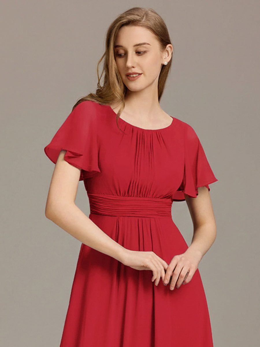 Plus Size Simple Chiffon Pleated A-Line Round Neckline Bridesmaid Dress #color_Red