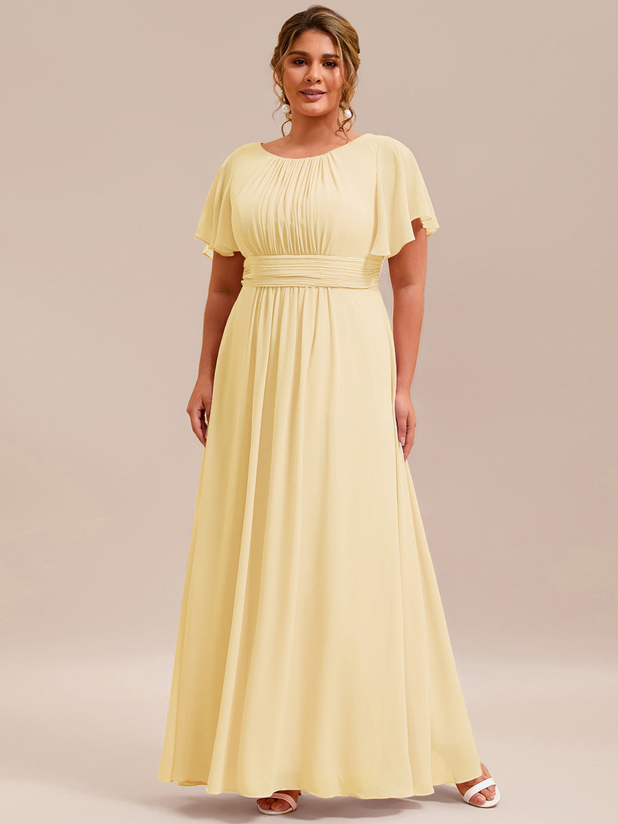 Simple Chiffon Pleated A-Line Round Neckline Bridesmaid Dress #color_Yellow