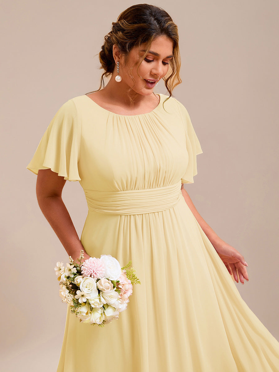 Simple Chiffon Pleated A-Line Round Neckline Bridesmaid Dress #color_Yellow
