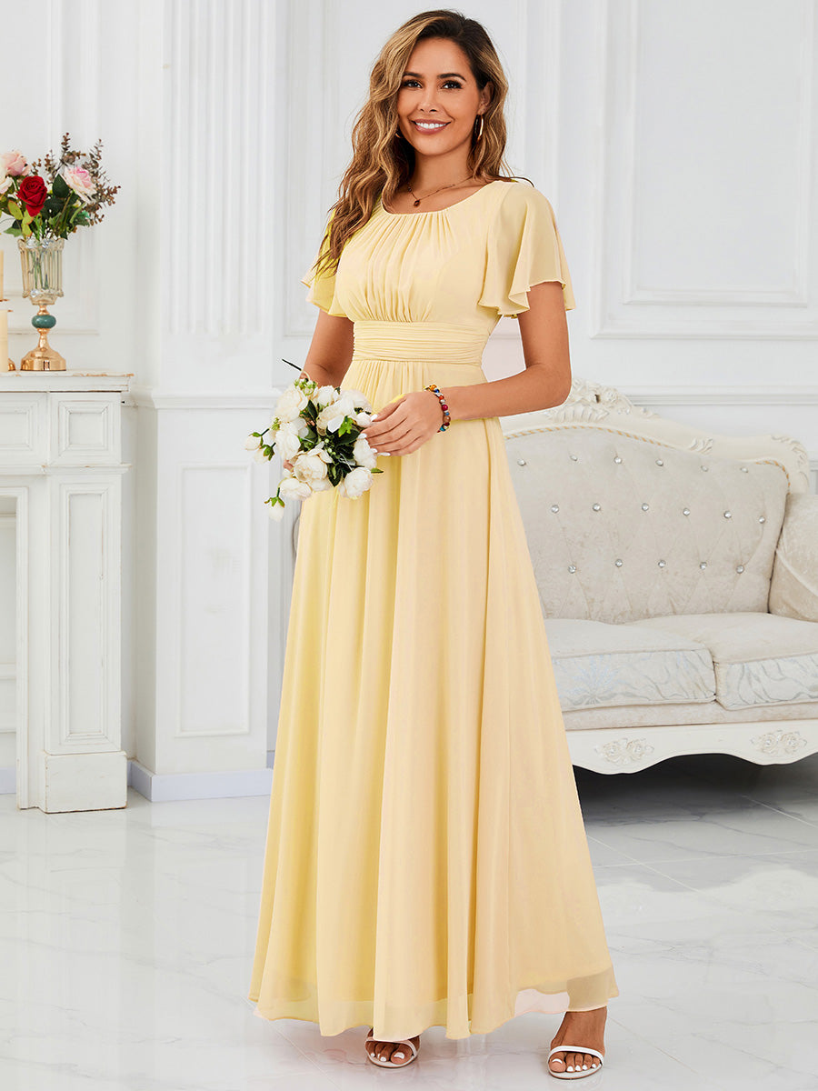 Simple Chiffon Pleated A-Line Round Neckline Bridesmaid Dress #color_Yellow