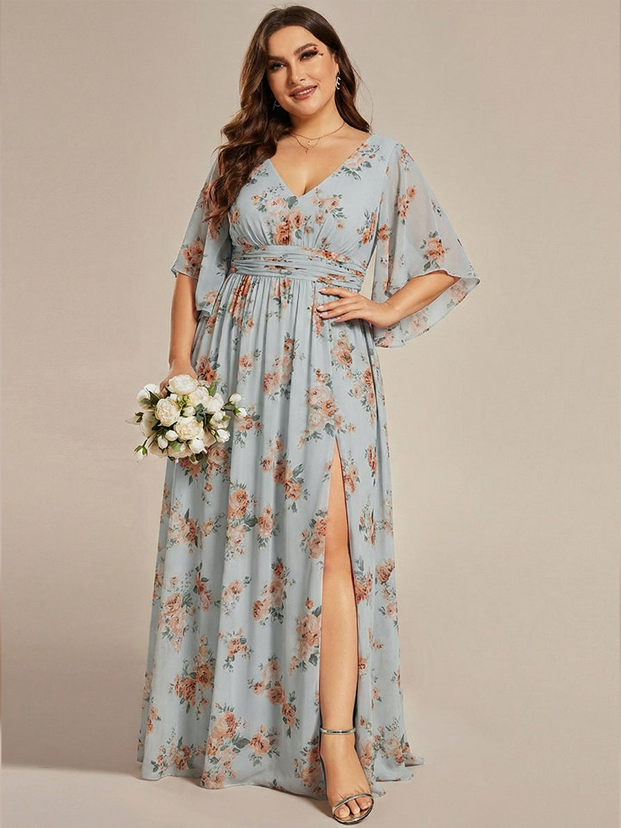 Plus Size Printed Half Sleeve Pleated A-Line Chiffon Wedding Guest Dress #color_Amber Bloom