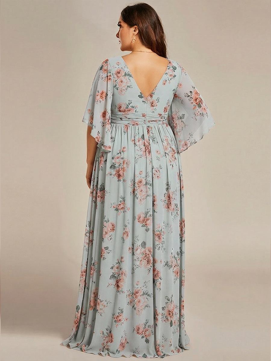 Half Sleeve V-Neck Pleated High Slit A-Line Chiffon Bridesmaid Dress #color_Amber Bloom