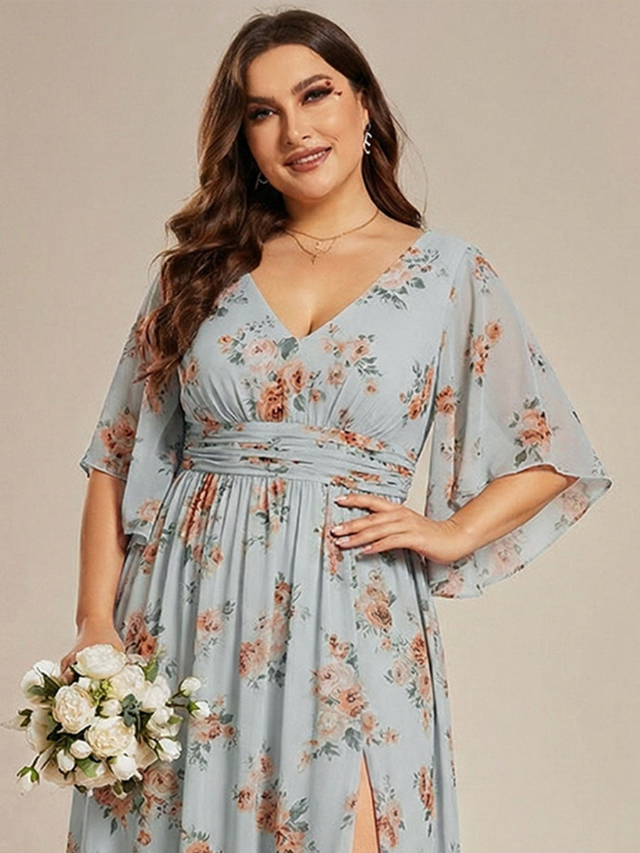 Half Sleeve V-Neck Pleated High Slit A-Line Chiffon Bridesmaid Dress #color_Amber Bloom