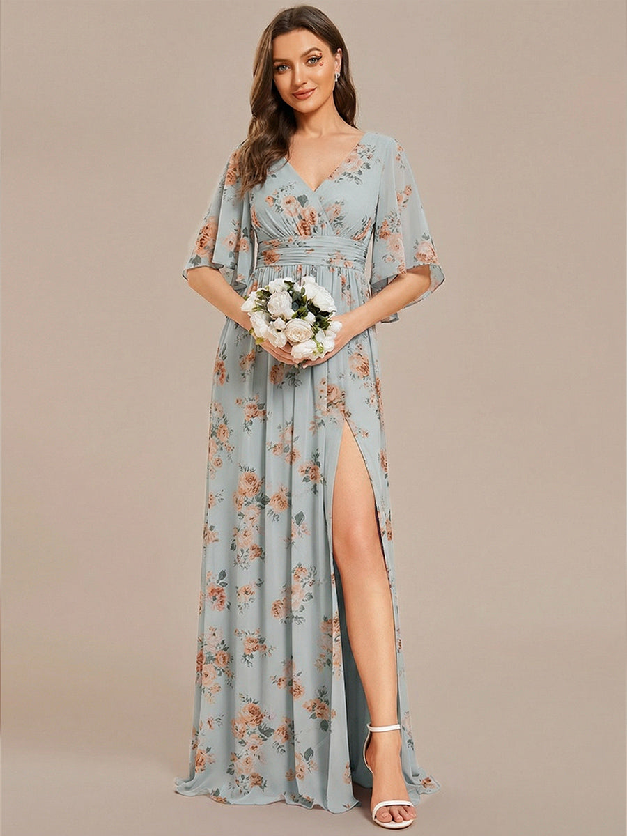 Half Sleeve V-Neck Pleated High Slit A-Line Chiffon Bridesmaid Dress #color_Amber Bloom