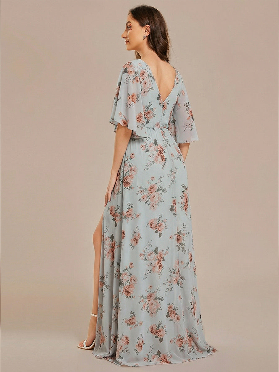 Half Sleeve V-Neck Pleated High Slit A-Line Chiffon Bridesmaid Dress #color_Amber Bloom