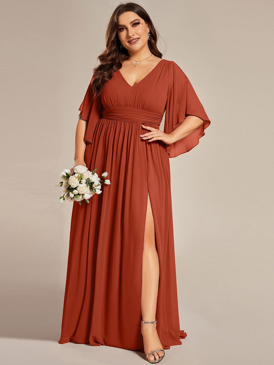 Plus Size Printed Half Sleeve Pleated A-Line Chiffon Wedding Guest Dress #color_Burnt Orange