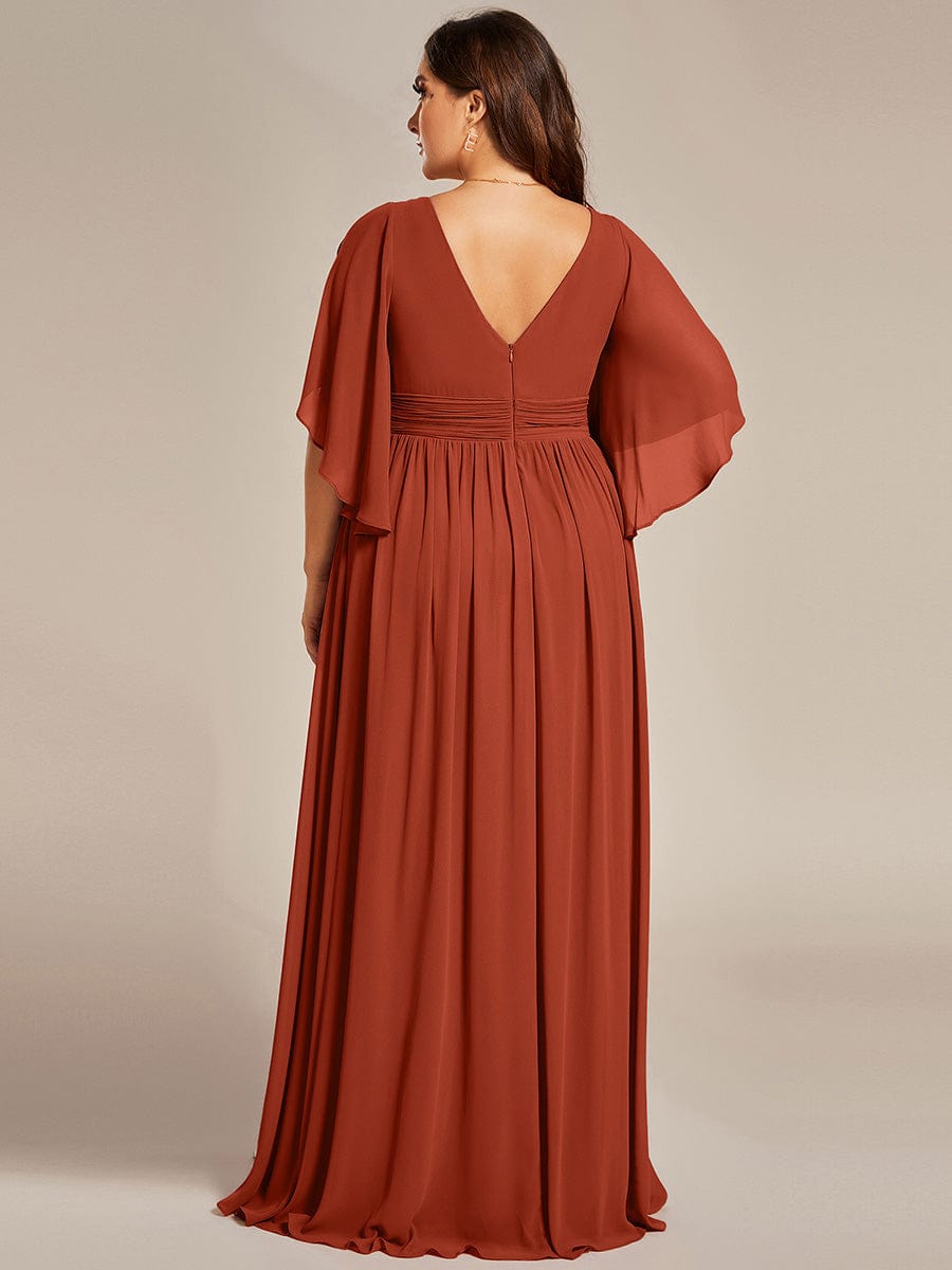 Half Sleeve V-Neck Pleated High Slit A-Line Chiffon Bridesmaid Dress #color_Burnt Orange