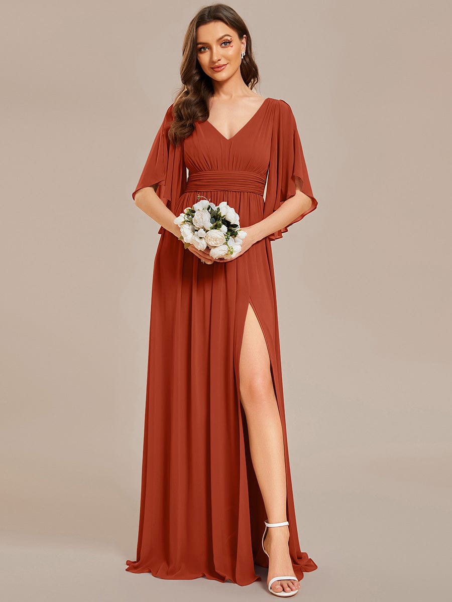 Half Sleeve V-Neck Pleated High Slit A-Line Chiffon Bridesmaid Dress #color_Burnt Orange