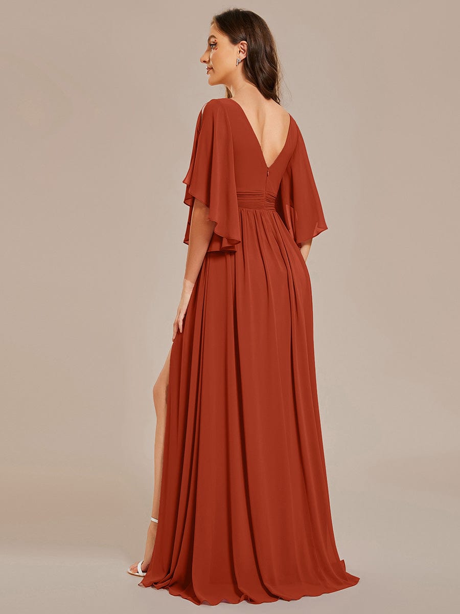Half Sleeve V-Neck Pleated High Slit A-Line Chiffon Bridesmaid Dress #color_Burnt Orange