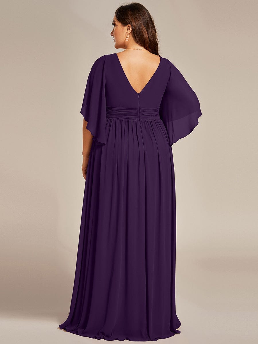 Half Sleeve V-Neck Pleated High Slit A-Line Chiffon Bridesmaid Dress #color_Dark Purple
