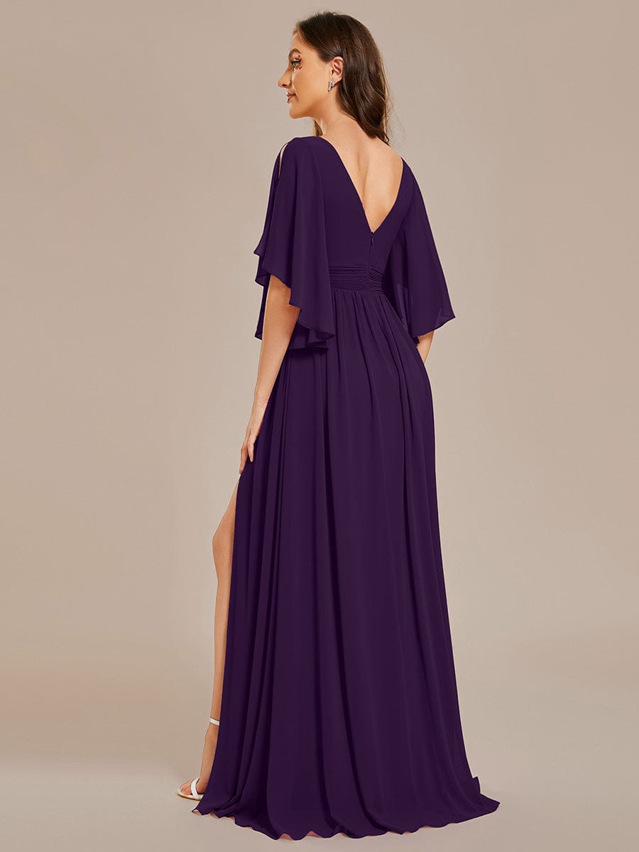 Half Sleeve V-Neck Pleated High Slit A-Line Chiffon Bridesmaid Dress #color_Dark Purple