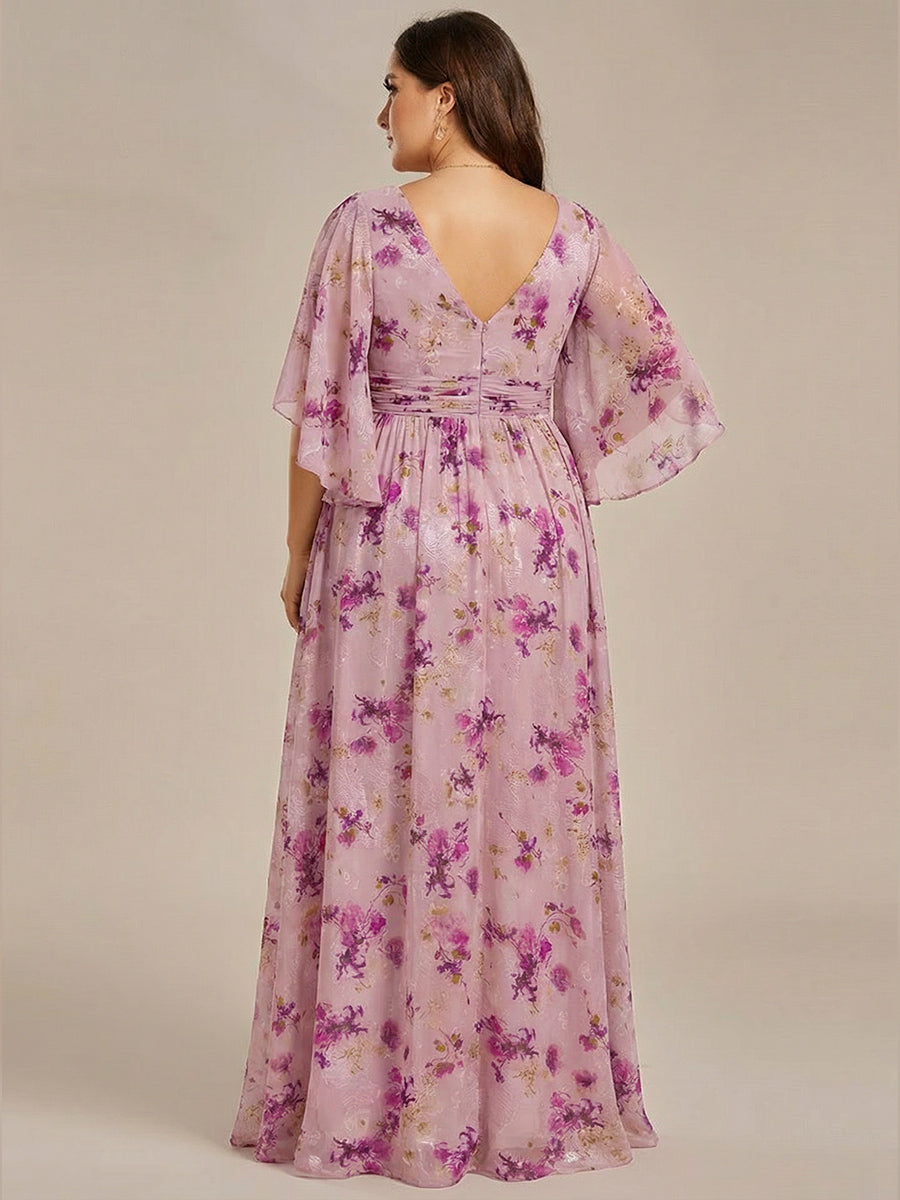 Plus Size Half Sleeve Pleated A-Line V-Neck Chiffon Bridesmaid Dress #color_Light Purple Print