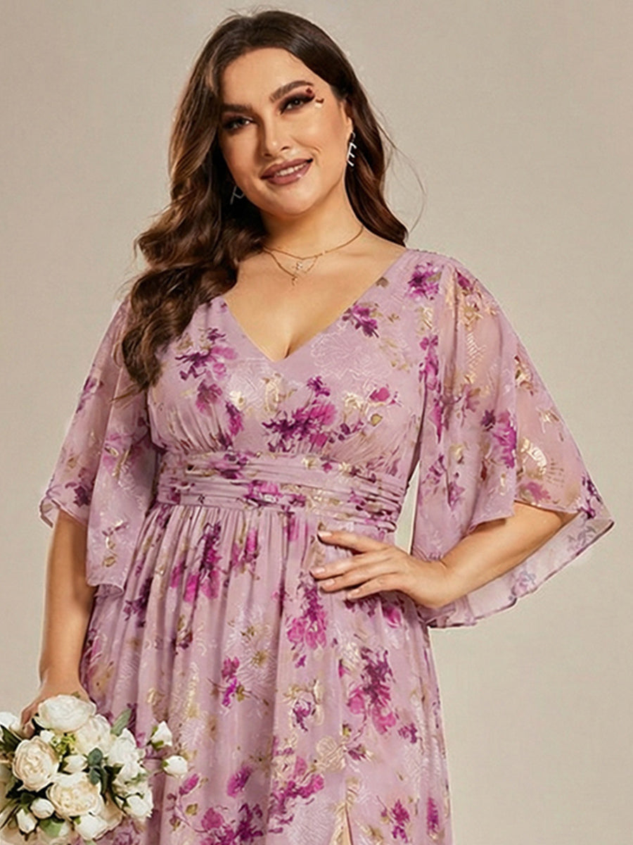 Plus Size Half Sleeve Pleated A-Line V-Neck Chiffon Bridesmaid Dress #color_Light Purple Print