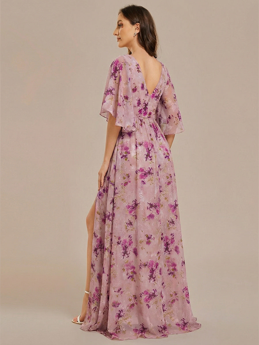 Half Sleeve V-Neck Pleated High Slit A-Line Chiffon Bridesmaid Dress #color_Light Purple Print