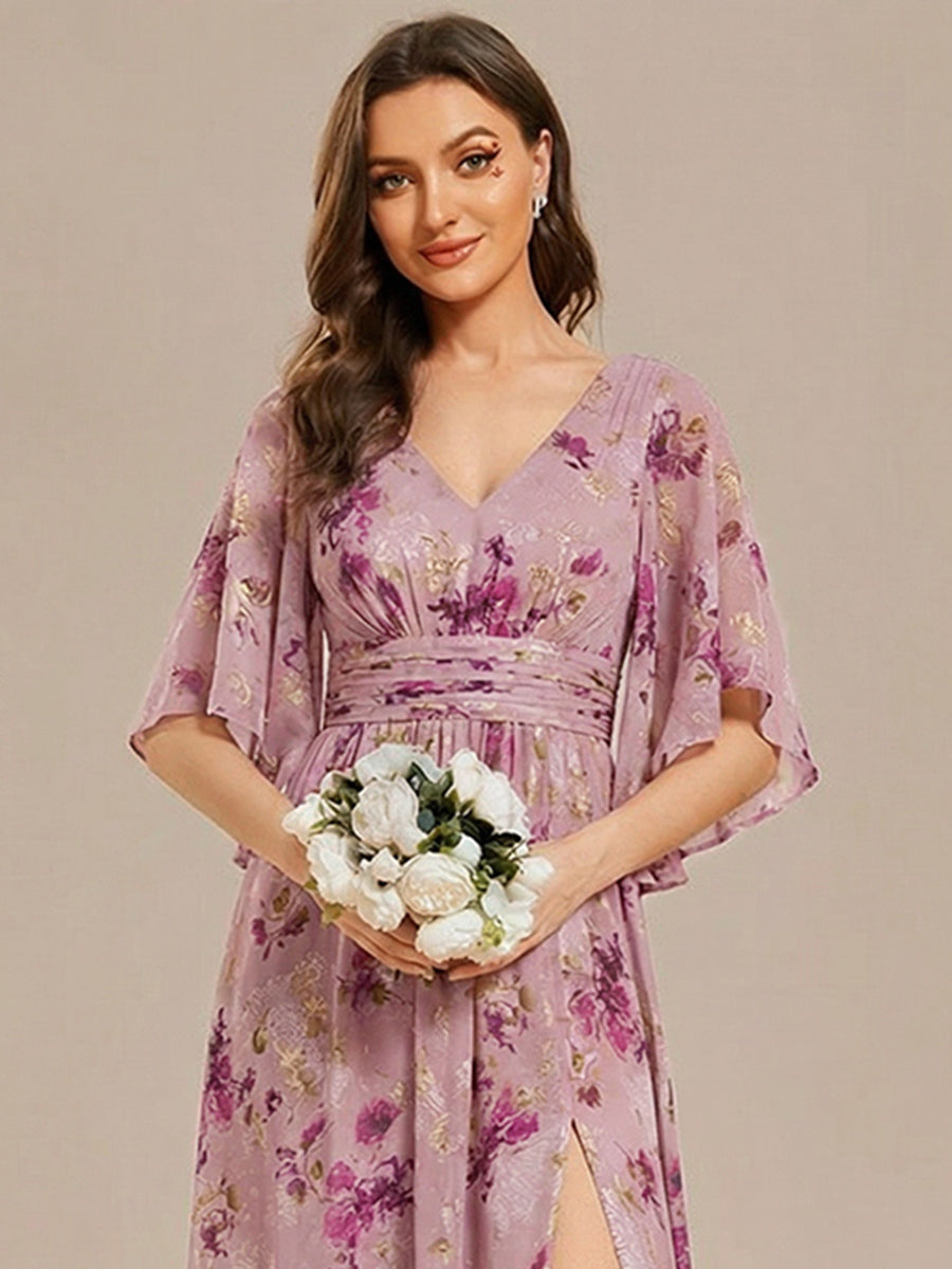 Half Sleeve V-Neck Pleated High Slit A-Line Chiffon Bridesmaid Dress #color_Light Purple Print