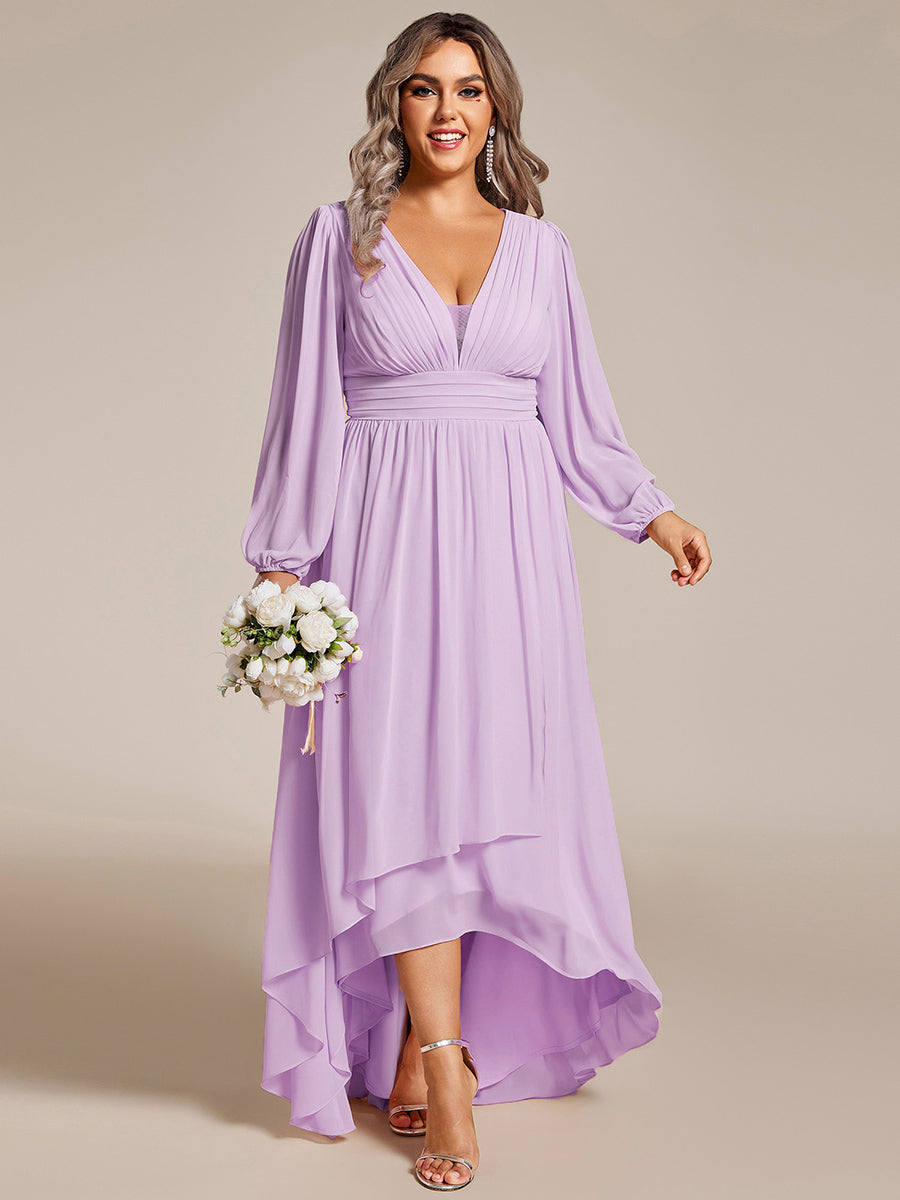 Plus Size V-Neck Long Lantern Sleeves A-Line Chiffon Bridesmaid Dress #color_Frosted Lilac