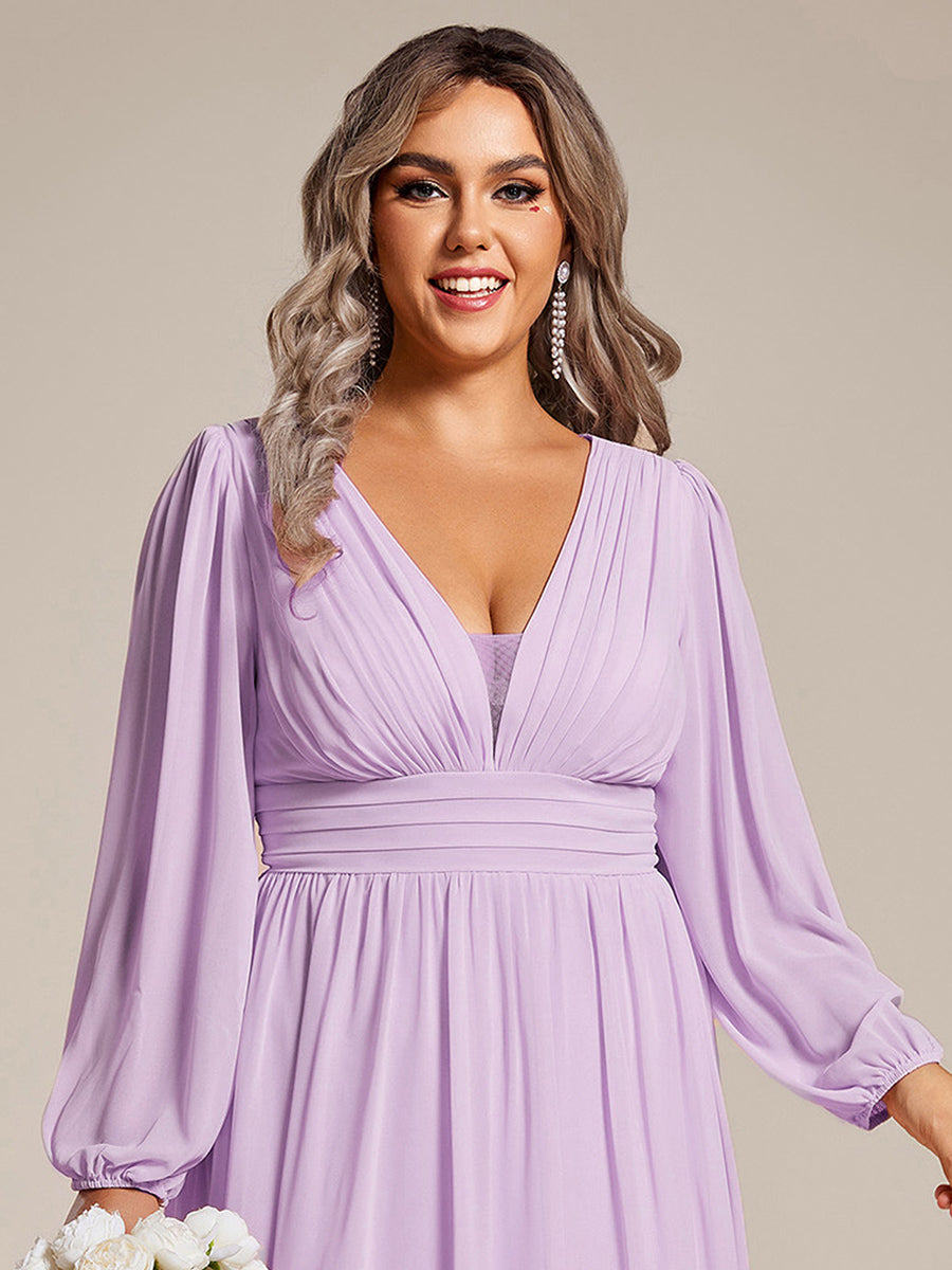 Plus Size V-Neck Long Lantern Sleeves A-Line Chiffon Bridesmaid Dress #color_Frosted Lilac