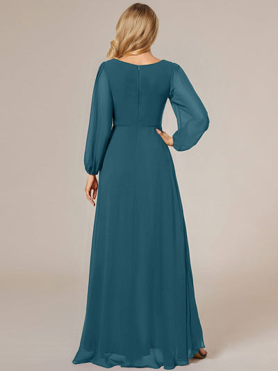 A-Line Pleated See-Through Long Lantern Midi Chiffon Bridesmaid Dress #color_Teal
