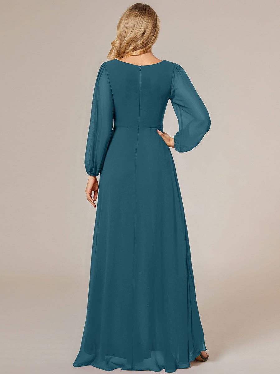 A-Line Pleated See-Through Long Lantern Midi Chiffon Bridesmaid Dress #color_Teal