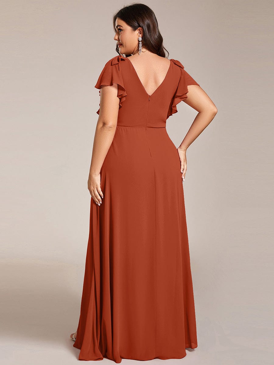 Short Sleeves with Bowknot High Front Slit A-Line Chiffon Bridesmaid Dress #color_Burnt Orange