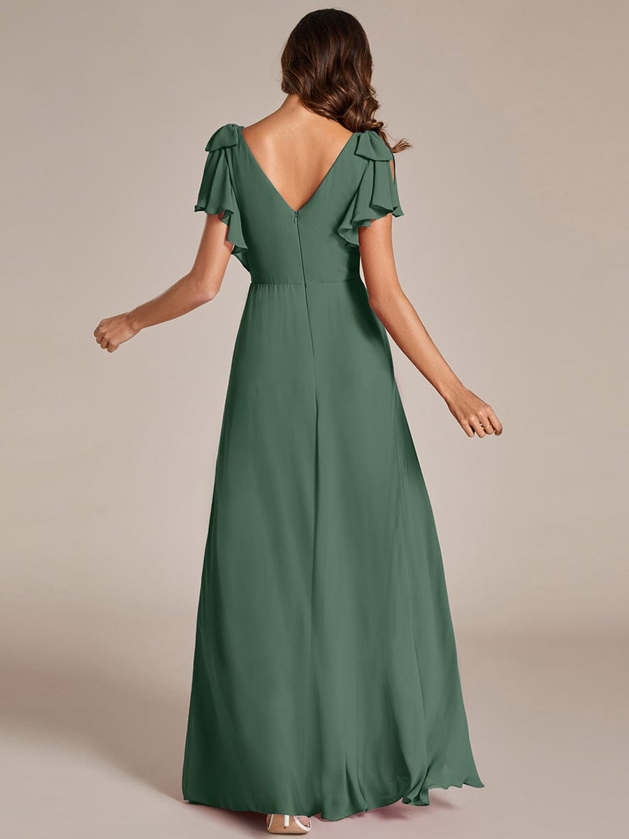 Short Sleeves with Bowknot High Front Slit A-Line Chiffon Bridesmaid Dress #color_Eucalyptus
