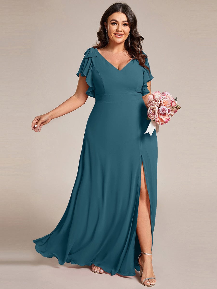 Short Sleeves with Bowknot High Front Slit A-Line Chiffon Bridesmaid Dress #color_Teal