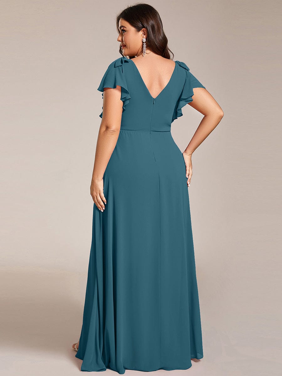 Short Sleeves with Bowknot High Front Slit A-Line Chiffon Bridesmaid Dress #color_Teal