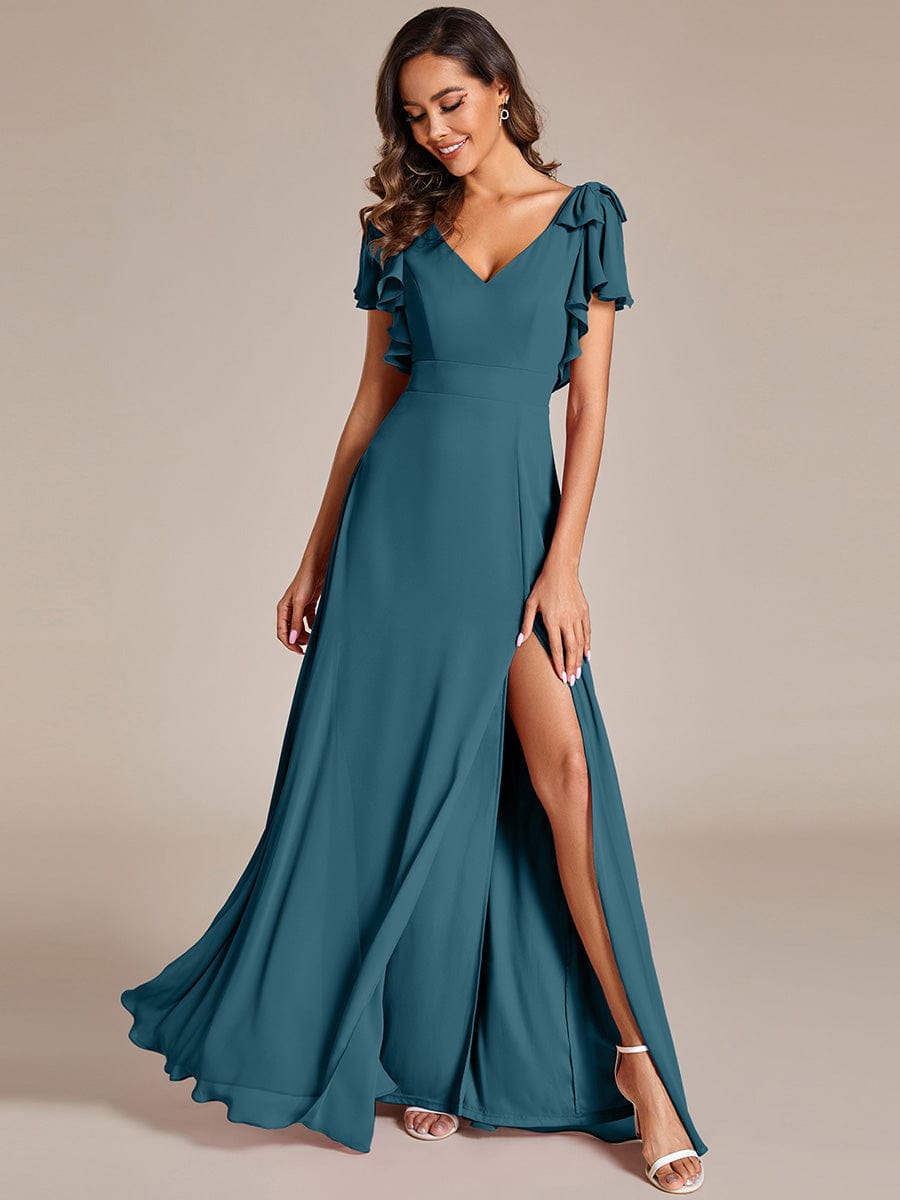 Short Sleeves with Bowknot High Front Slit A-Line Chiffon Bridesmaid Dress #color_Teal