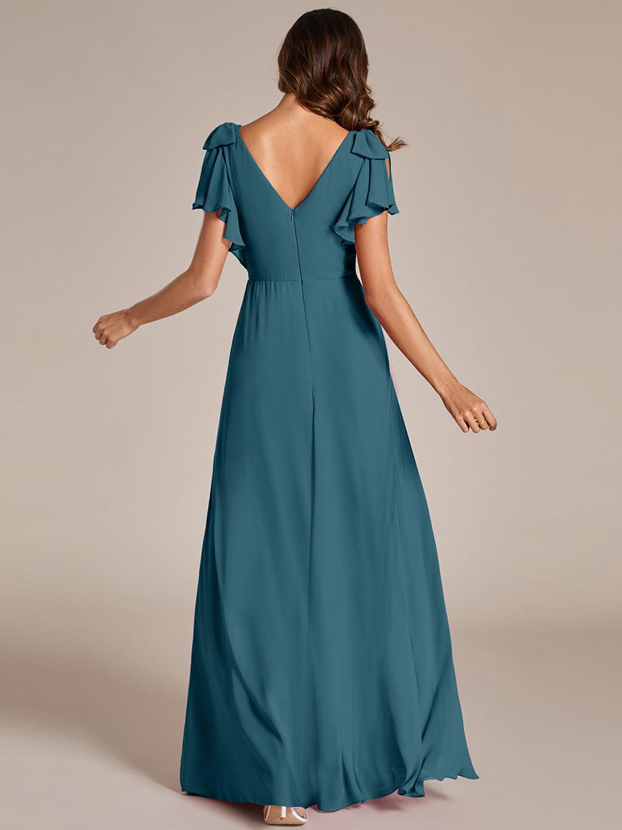 Short Sleeves with Bowknot High Front Slit A-Line Chiffon Bridesmaid Dress #color_Teal