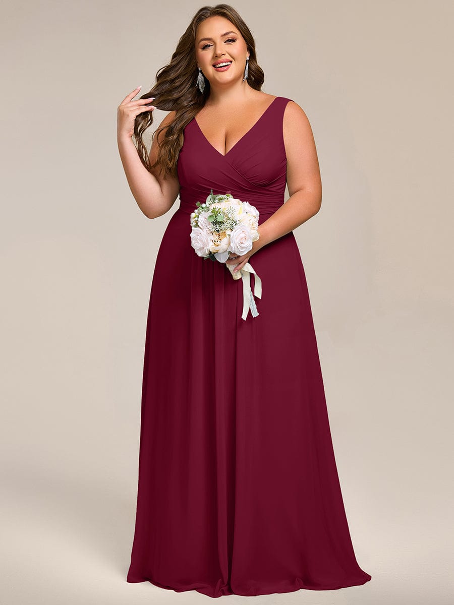 Strapless Pleated V-Neck A-Line Maxi Chiffon Bridesmaid Dress #color_Burgundy