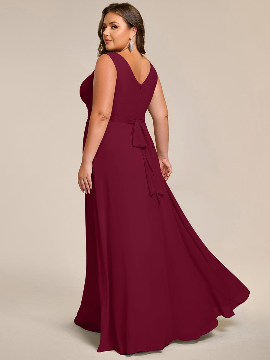 Strapless Pleated V-Neck A-Line Maxi Chiffon Bridesmaid Dress #color_Burgundy