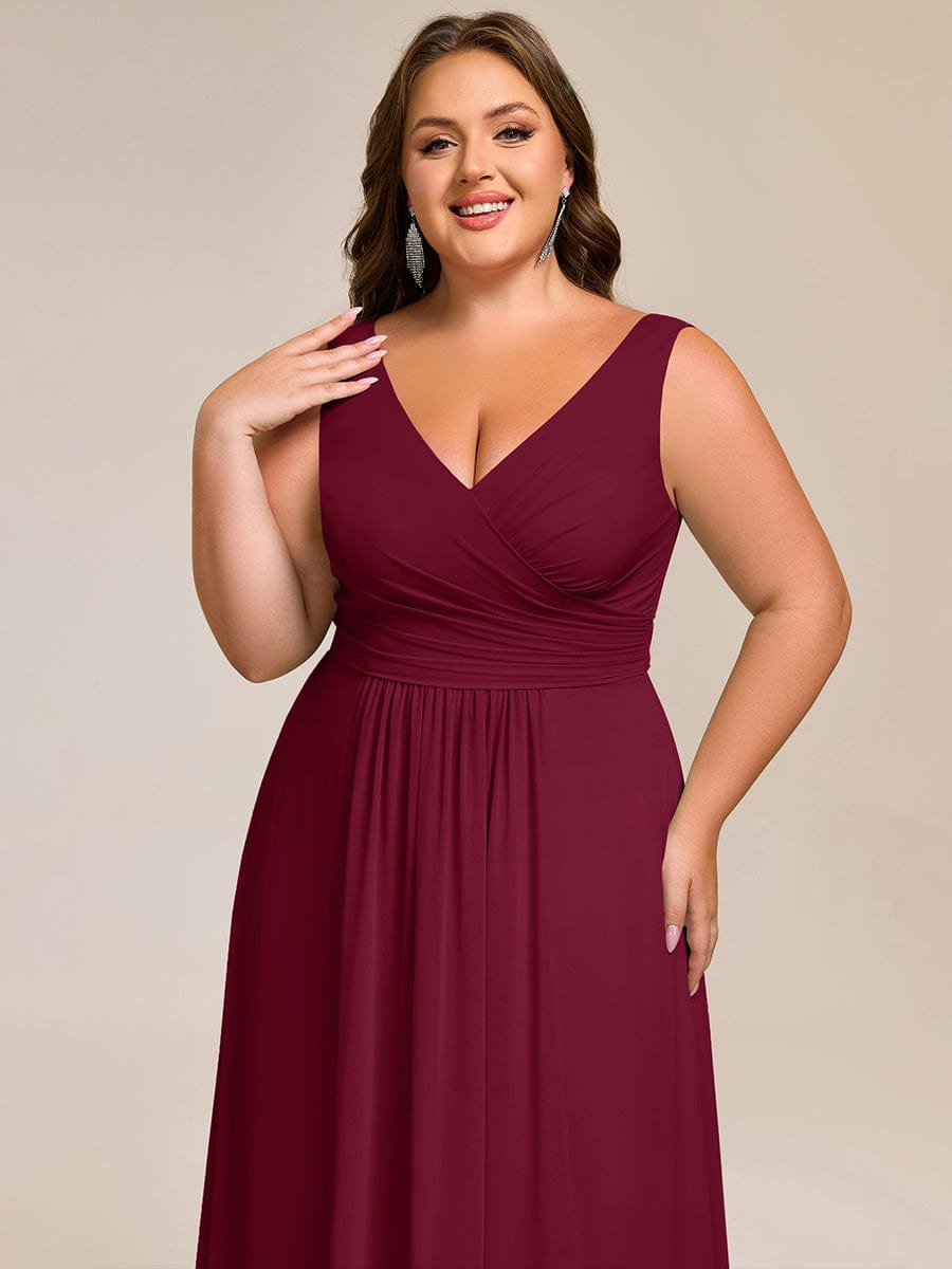 Strapless Pleated V-Neck A-Line Maxi Chiffon Bridesmaid Dress #color_Burgundy