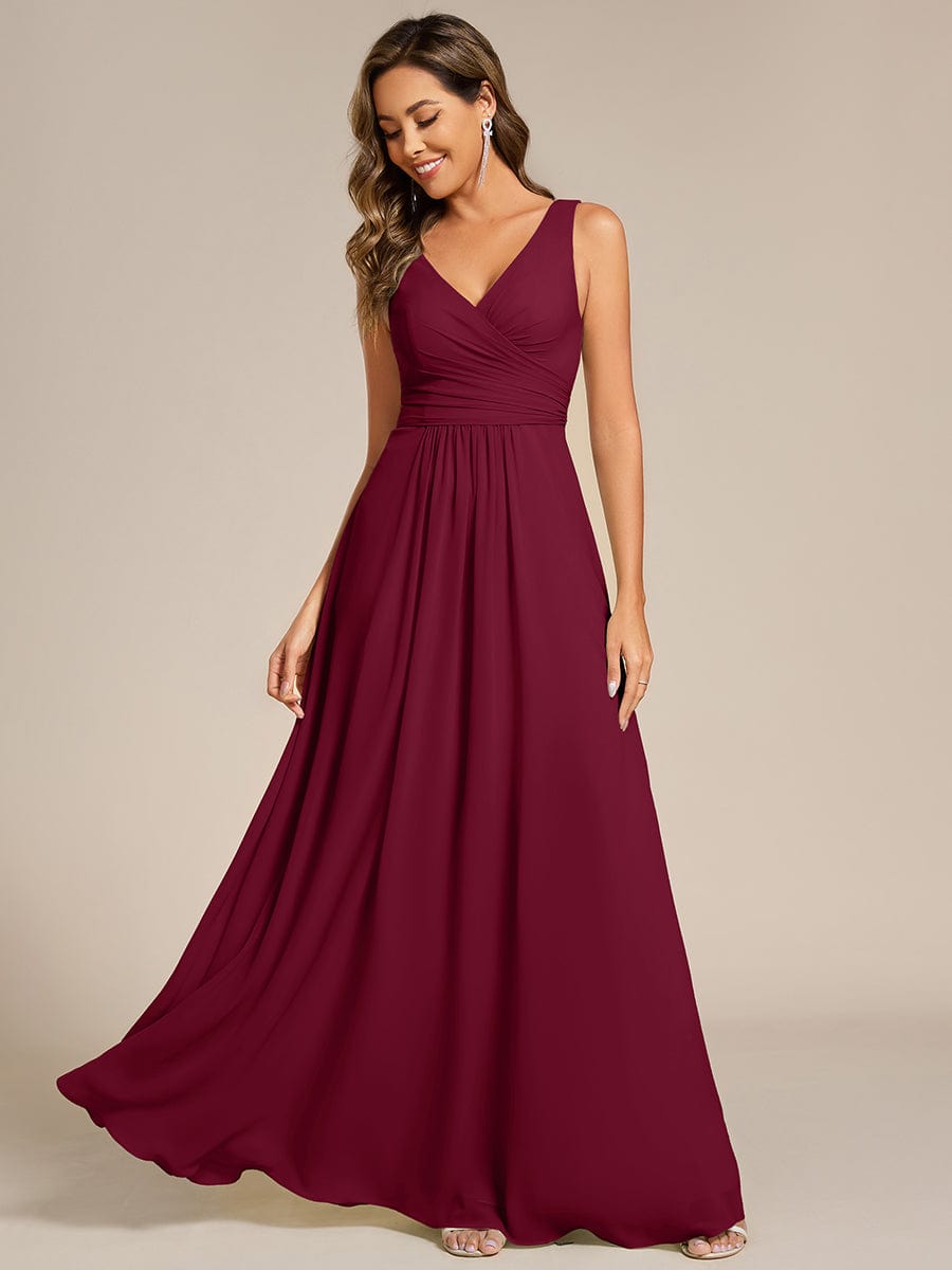 Strapless Pleated V-Neck A-Line Maxi Chiffon Bridesmaid Dress #color_Burgundy