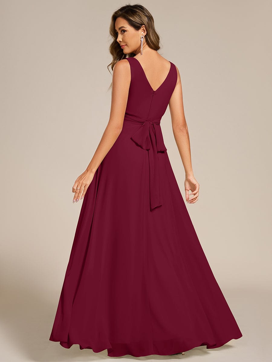 Strapless Pleated V-Neck A-Line Maxi Chiffon Bridesmaid Dress #color_Burgundy