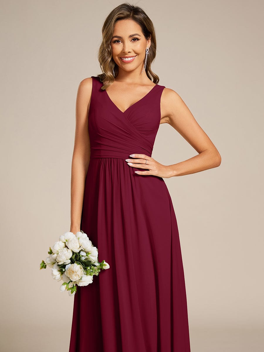 Strapless Pleated V-Neck A-Line Maxi Chiffon Bridesmaid Dress #color_Burgundy