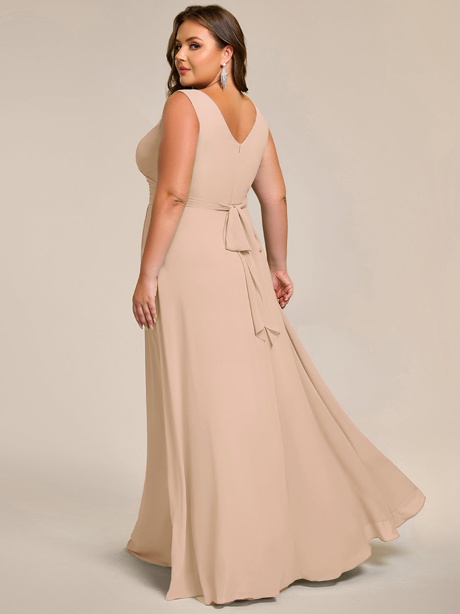 Strapless Pleated V-Neck A-Line Maxi Chiffon Bridesmaid Dress #color_Blush