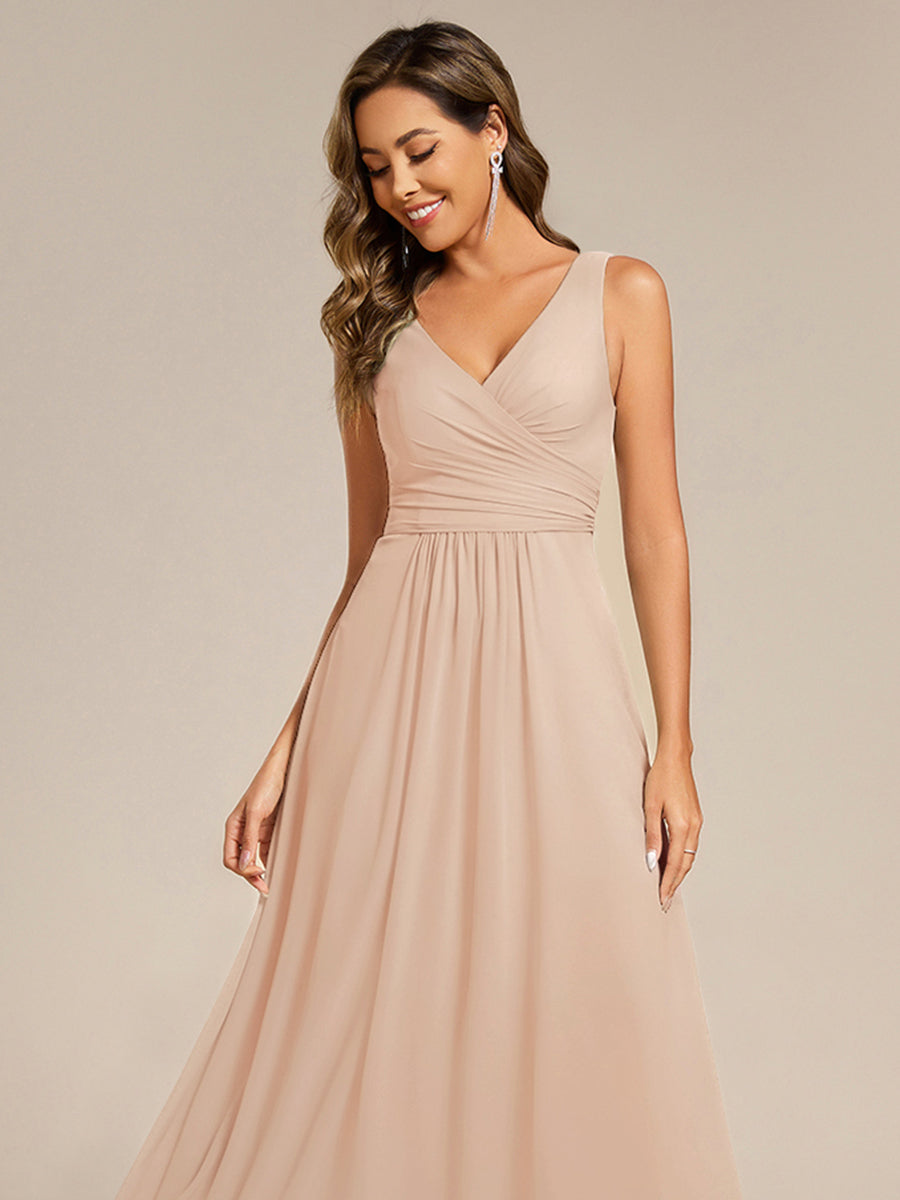Strapless Pleated V-Neck A-Line Maxi Chiffon Bridesmaid Dress #color_Blush