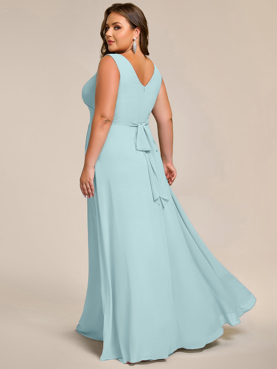 Strapless Pleated V-Neck A-Line Maxi Chiffon Bridesmaid Dress #color_Sky Blue